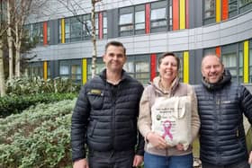 Jenna Murray drops of chemotherapy comfort bags to QA Hospital.
Caption: Alyn Murray, Jenna Murray and Richard Simmons drop 125 chemotherapy comfort bags to QA Hospital.
Picture: Jenna Murray