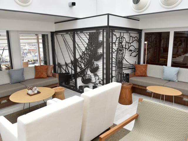 One of the main sitting areas on Viking Saturn, complete with Nordic imagery.