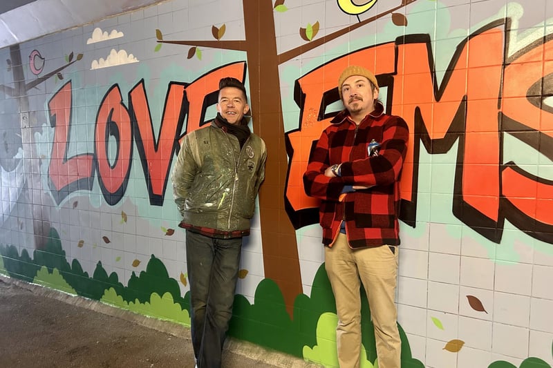Chris Reeves (Berk) and Mark Jones (Fark) from The Corner Collective in Southsea, have reinvigorated the Washington Road, Emsworth, underpass in a community project funded by Havant Borough Council. Picture by Hollie Busby