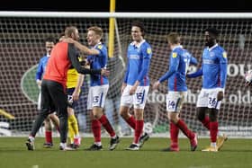 Pompey's players celebrate at the final whistle following their 1-0 triumph over Oxford United. Picture: Jason Brown/ProSportsImages
