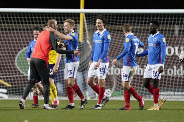 Pompey's players celebrate at the final whistle following their 1-0 triumph over Oxford United. Picture: Jason Brown/ProSportsImages