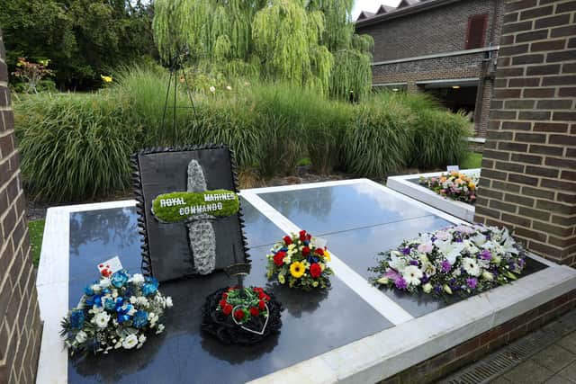 Floral tributes. Funeral of Royal Marines veteran John Campbell, known as Ian, at Portchester crematorium
Picture: Chris Moorhouse (jpns 240821-07)