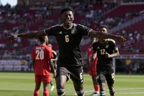 Di'Shon Bernard celebrates scoring against Saint Kitts and Nevis early this week during Jamaica's progress to the quarter-finals of the CONCACAF Gold Cup. Picture: Thearon W. Henderson/Getty Images