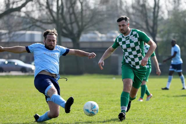 Portchester's Jamie Peters, left, and Mob's Darren Ferguson. Peters later scored Rovers' penalty shoot-out decider.
Picture: Chris Moorhouse