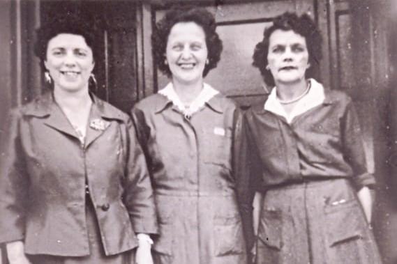 Madame Vaughan, Grace and Olive 'Mac' McInnes in a doorway at the Cumberland Tavern, Eastney, in 1956.