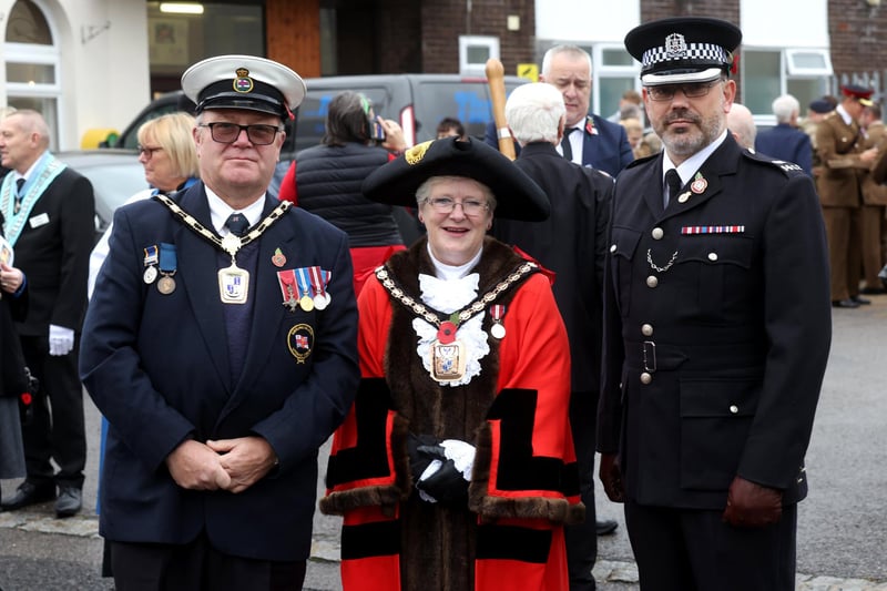 Havant Remembrance Sunday Service.

Pictured is (L-R) Graham Raines, Cllr Rosie Raines and Special Sup Int Russell Morrison at the event.

The parade is taking place at St Faiths War Memorial with Deputy Lieutenant Major General James Balfour CBE DL in attendance, along with the Mayor of Havant, Alan Mak MP and the Leader of Havant Borough Council, Councillor Alex Rennie.
At 10.35 am the Parade leaves Royal British Legion Ex-servicemen's club, Brockhampton Lane, into Park Road South along Elm Lane before turning into North Street. Bagpiper Denton Smith will be accompanied by drums courtesy of Hampshire Caledonian Pipe Band. Then at 10.50 am the parade assembles at War memorial outside St Faiths Church ahead of an Act of Remembrance at the War Memorial outside St Faiths Church at 10.52am, followed by a two-minute's silence at 11am. A Remembrance Service will then take place inside St Faiths Church.

Sunday 12th November 2023.

Picture: Sam Stephenson.