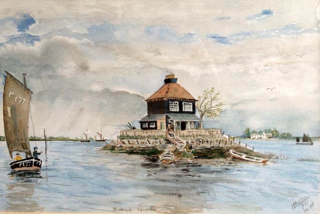 A painting by local artist Les Hudson of the Oyster House in Langstone Harbour. Painting: Les Hudson/Bill Tremlett collection.