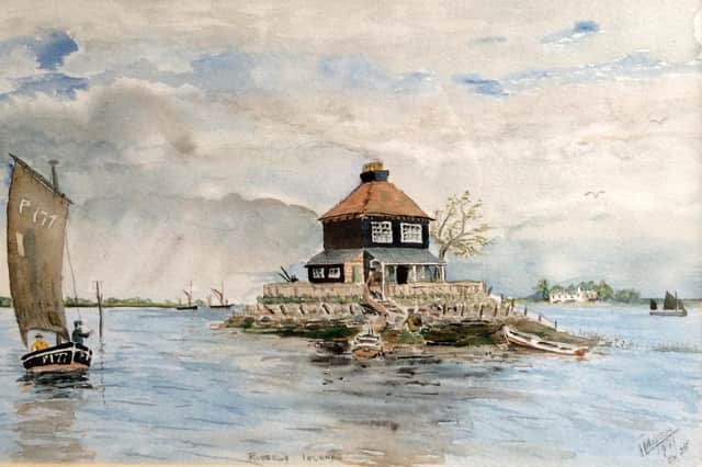 A painting by local artist Les Hudson of the Oyster House in Langstone Harbour.  Painting: Les Hudson/Bill Tremlett collection.