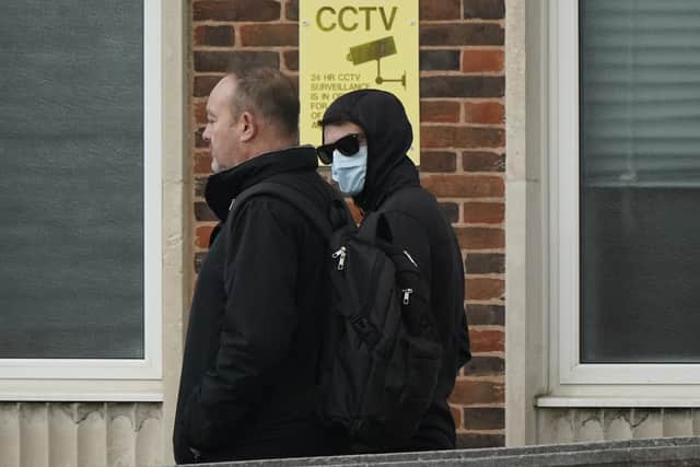 Pc Liam Boshein (right) leaving Portsmouth Magistrates' Court. The Metropolitan Police officer who admitted possessing an extreme pornographic image on his phone has been sentenced to 42 weeks in prison. The 25-year-old appeared at Portsmouth Crown Court on Friday after pleading guilty last month to committing the offence between November 7 2019 and April 4 2021. Picture: Andrew Matthews/PA