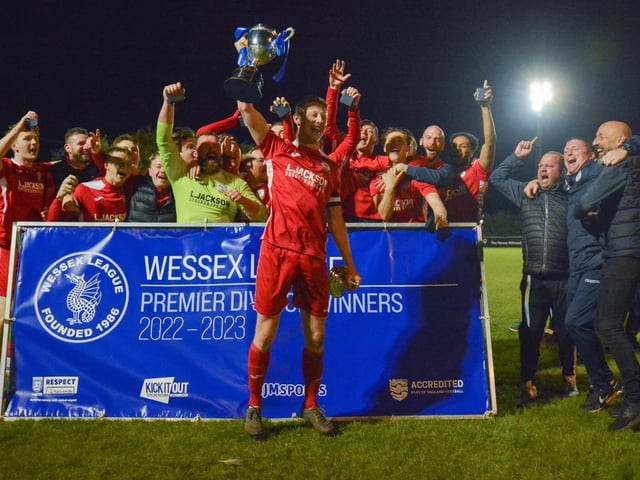 Horndean celebrate with the trophy. Picture by Martyn White