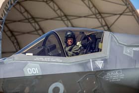 Cdr Ian Tidball completes his final flight in an F-35B at Edwards AFB.