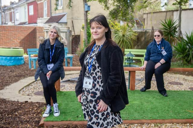 Three primary teaching students have been working hard at Copnor Primary School to transform their unused pond area into a mindfulness garden as part of a university project

Pictured: Megan Patten, Kell Swift and Kelly Prior at the transformed garden at Copnor Primary School, Portsmouth on 25 May 2021

Picture: Habibur Rahman