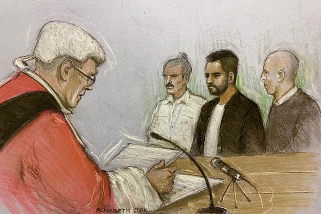 Court artist drawing by Elizabeth Cook of Jaswant Singh Chail at the Old Bailey, London, where Mr Justice Hilliard jailed him to nine years with a further five years on extended licence after break into Windsor Castle with a loaded crossbow to kill the late Queen on 25 December, 2021. Picture: Elizabeth Cook/PA Wire.