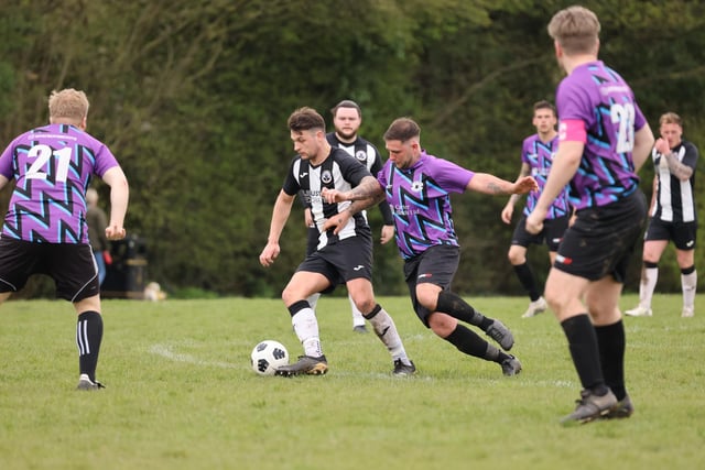 Action from Al's Bar's 3-0 win over Emsworth Town reserves (black and white kit) in City of Portsmouth Sunday Football League Division Four. Picture: Kevin Shipp