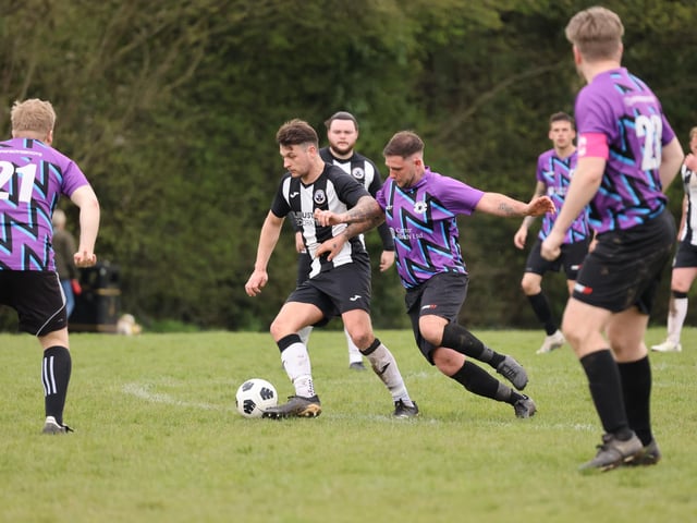 Action from Al's Bar's 3-0 win over Emsworth Town reserves (black and white kit) in City of Portsmouth Sunday Football League Division Four. Picture: Kevin Shipp