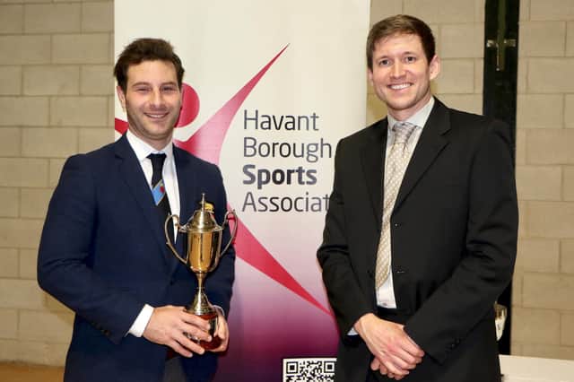 Hayling GC’s Toby Burden with BBC TV South sports presenter Andy Moon after receiving the 2022 Havant Borough Sports Association’s Sportsperson of the Year award at Havant Leisure Centre, in February 2. Picture by Andrew Griffin