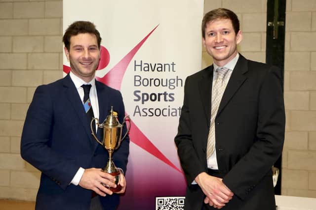 Hayling GC’s Toby Burden with BBC TV South sports presenter Andy Moon after receiving the 2022 Havant Borough Sports Association’s Sportsperson of the Year award at Havant Leisure Centre, in February 2. Picture by Andrew Griffin