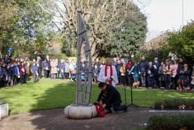 Alan Mak MP lays a wreath in Emsworth Memorial Garden on Armistice Day