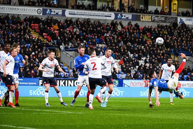 George Hirst attempts an acrobatic overhead kick against Bolton.   Picture: Philip Bryan