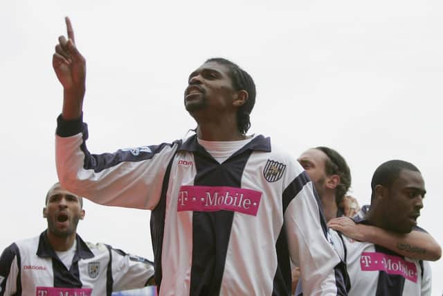 Kanu celebrates scoring for West Brom prior to his move to Pompey Picture: Clive Rose/Getty Images