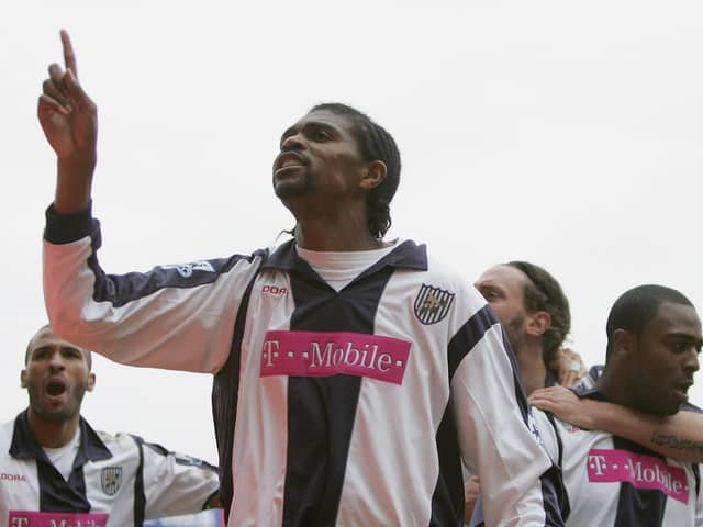 Kanu celebrates scoring for West Brom prior to his move to Pompey   Picture: Clive Rose/Getty Images