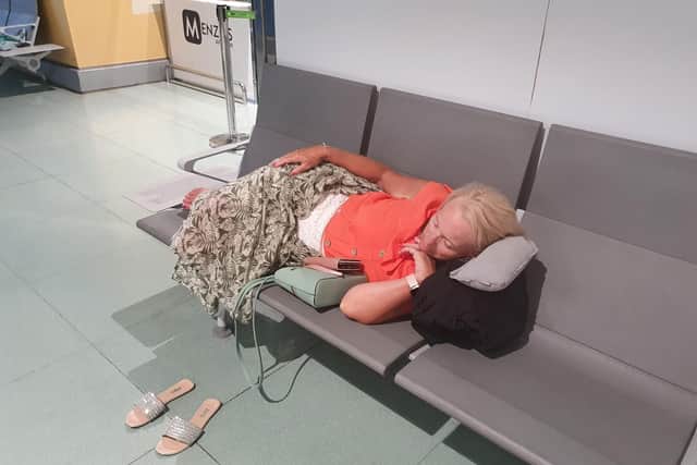 Portsmouth family suffer EasyJet flight 'nightmare' involving cancelled journeys, missing holiday days and incurred expenses. The family were travelling from London Gatwick to Ibiza for the wedding of Natalie Cumbo's cousin. Pictured is a member of the family waiting to go back to Portsmouth at Ibiza airport.