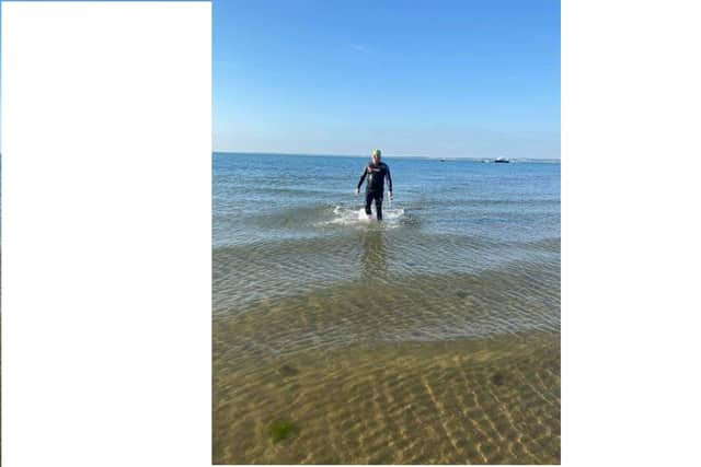 Marus Farrow after swimming the Solent on September 18.
