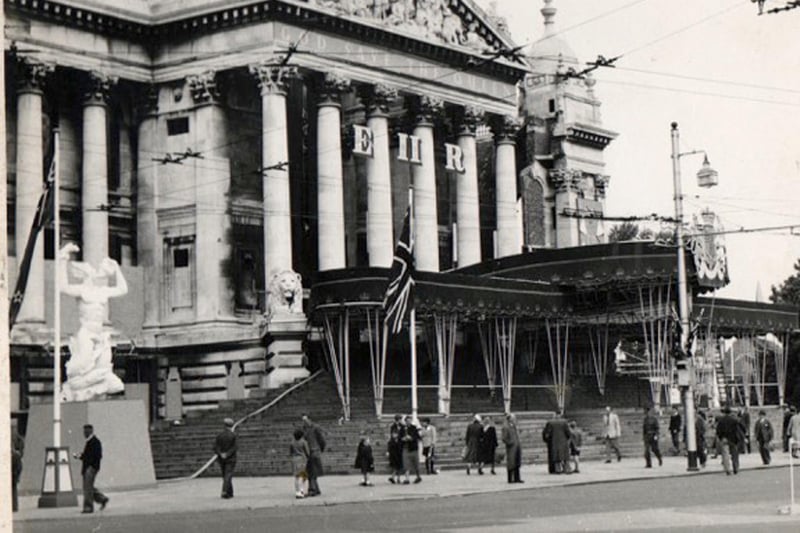 A rare view of Portsmouth Guildhall when being prepared for civic occasions during the Coronation of Queen Elizabeth II in 1953