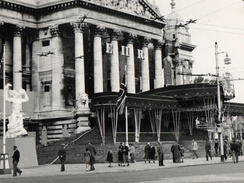A rare view of Portsmouth Guildhall when being prepared for civic occasions during the Coronation of Queen Elizabeth II in 1953
