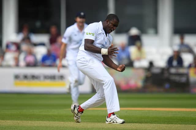 Keith Barker celebrates the wicket of James Hildreth during the third day of the LV= Insurance County Championship match between Somerset and Hampshire at The Cooper Associates County Ground in Taunton. Photo by Harry Trump/Getty Images.