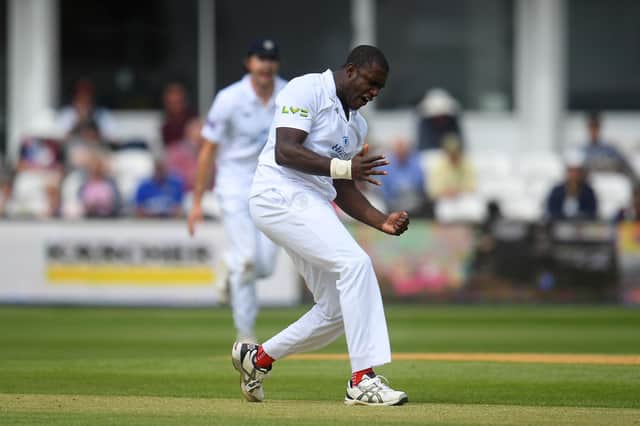 Keith Barker celebrates the wicket of James Hildreth during the third day of the LV= Insurance County Championship match between Somerset and Hampshire at The Cooper Associates County Ground in Taunton. Photo by Harry Trump/Getty Images.