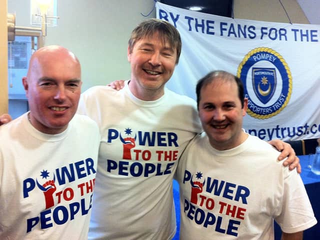 Micah Hall (middle) with Bill Gillon (left) and Bob Beech (right) during the supporters' battle to seize ownership of Pompey.