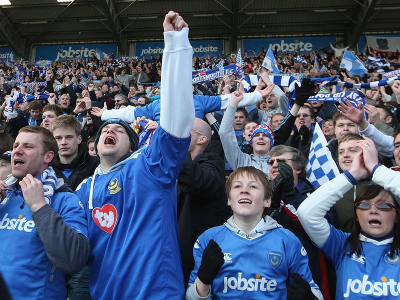 Pompey fans celebrate FA Cup victory over Birmingham City at Fratton Park in March 2010. Photo by Hamish Blair/Getty Images