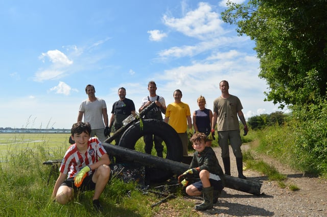 From left, Wayne Littlefield, Adam Wells, Steve Tiutton, Paul Jehu, Jaqueline Dopson and Greg Smith, with Finley Jehu and Finn Smith in front. Picture: David George