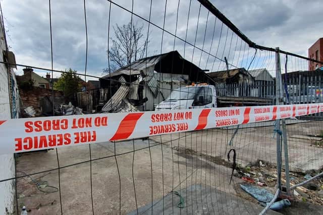 The aftermath of the blaze at Byngs Autos in Goldsmith Avenue, in Southsea in Portsmouth. The fire happened on April 28, 2021, and the photo shows the aftermath on April 29. Picture: Habibur Rahman