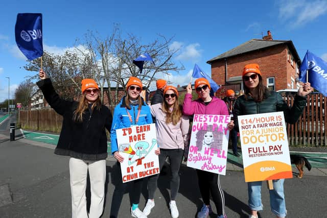 From left - Dr Emma Norris, Dr Bea Gardner, Dr Cloe Parfitt, Dr Lindsay Merry and Miss Libby Brewin on a picket line outside QA Hospital in April. on Thursday. Picture: Chris Moorhouse