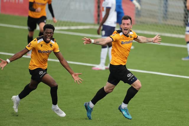 Joe Ellul wheels away after scoring Maidstone's dramatic injury-time leveller against Hawks. Picture by Dave Haines.