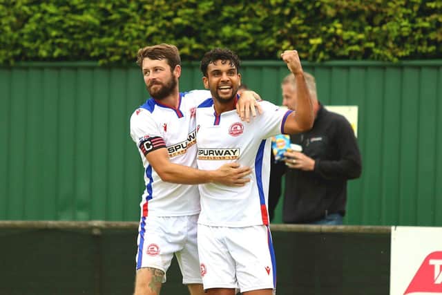 Theo Lewis, right, celebrates his winner with Dan Wooden. Picture: Tom Phillips.