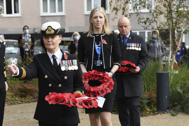 JHGS Commander Karen Mccullough, PHU chief executive Penny Emerit and Engie senior operations manager and veteran Ian Youngs.
Picture: Courtesy of Portsmouth Hospitals University NHS Trust