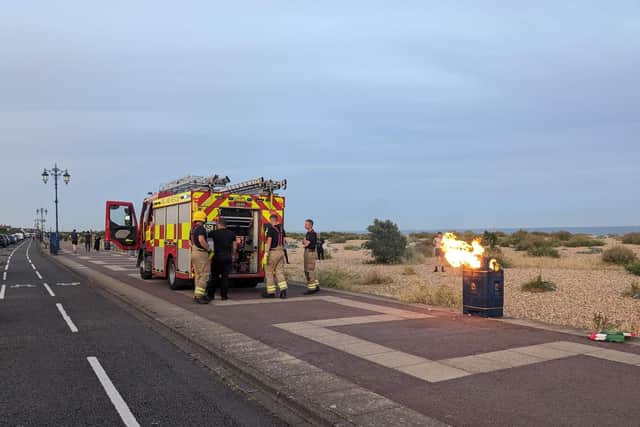 Firefighters tackled the bin fire on Eastney Esplanade last night. Picture: Fiona Callingham.