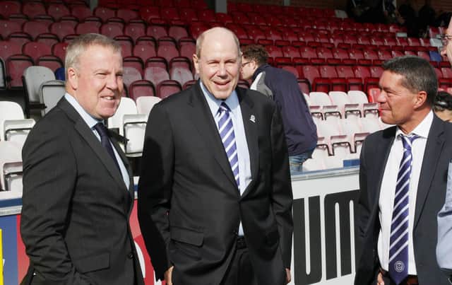 From left, Pompey manager Kenny Jackett, Blues chairman Michael Eisner, and club CEO Mark Catlin