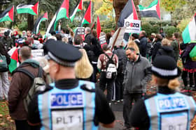 Rally in Victoria Park, Portsmouth, before a Portsmouth Palestine solidarity march calling for an immediate ceasefire in the Gaza-Israel war. Picture: Chris Moorhouse (jpns 181123-36)