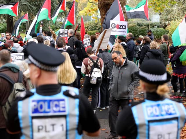 Rally in Victoria Park, Portsmouth, before a Portsmouth Palestine solidarity march calling for an immediate ceasefire in the Gaza-Israel war. Picture: Chris Moorhouse (jpns 181123-36)