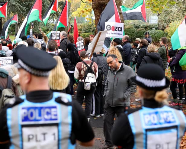 Rally in Victoria Park, Portsmouth, before a Portsmouth Palestine solidarity march calling for an immediate ceasefire in the Gaza-Israel war. Picture: Chris Moorhouse (jpns 181123-36)