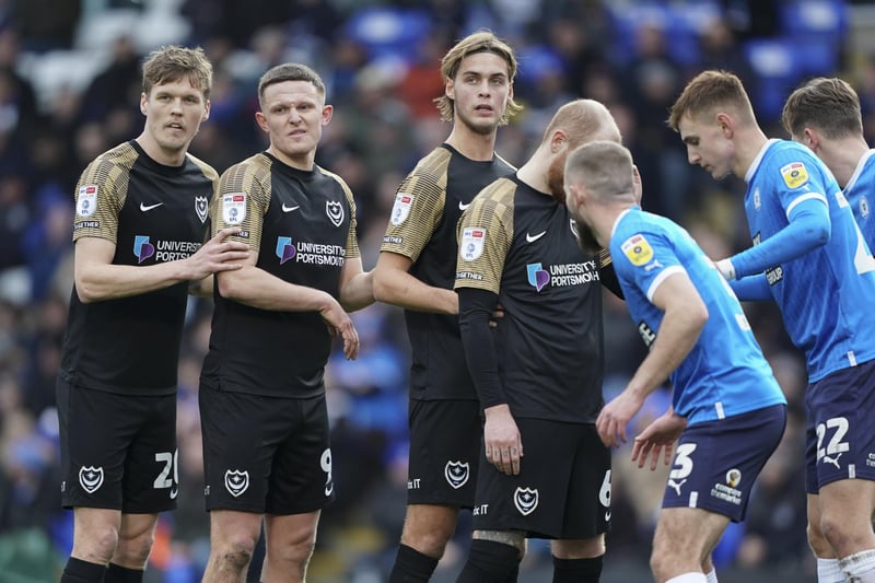 Portsmouth defender Sean Raggett, Portsmouth forward Colby Bishop, Portsmouth defender Ryley Towler during the EFL Sky Bet League 1 match between Peterborough United and Portsmouth at London Road, Peterborough, England on 28 January 2023.