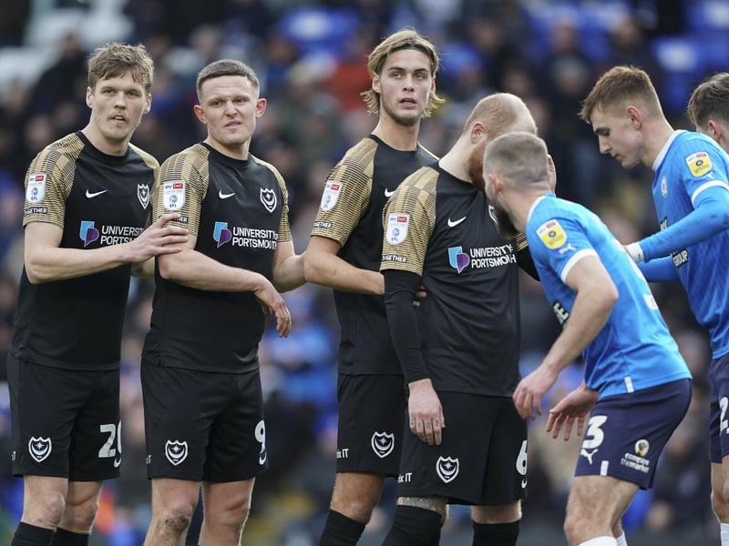 Portsmouth defender Sean Raggett, Portsmouth forward Colby Bishop, Portsmouth defender Ryley Towler during the EFL Sky Bet League 1 match between Peterborough United and Portsmouth at London Road, Peterborough, England on 28 January 2023.