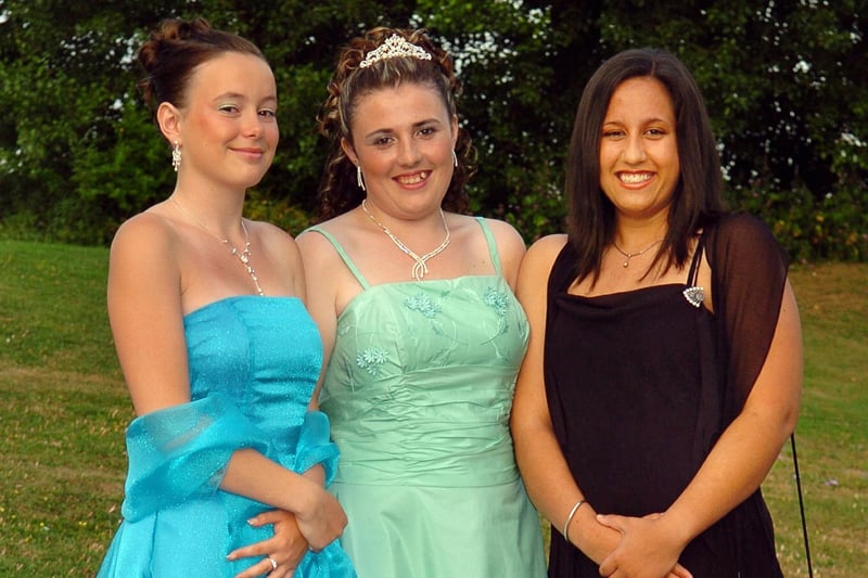 Naomi Brennan (15), Skye James (15), and Natalie Tolfree (16) at the Marriott Hotel in Portsmouth for St Edmund's Catholic School's prom in July 2006. Picture: (062937-142)