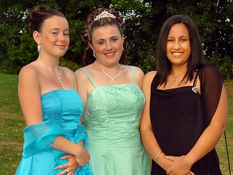 Naomi Brennan (15), Skye James (15), and Natalie Tolfree (16) at the Marriott Hotel in Portsmouth for St Edmund's Catholic School's prom in July 2006. Picture: (062937-142)
