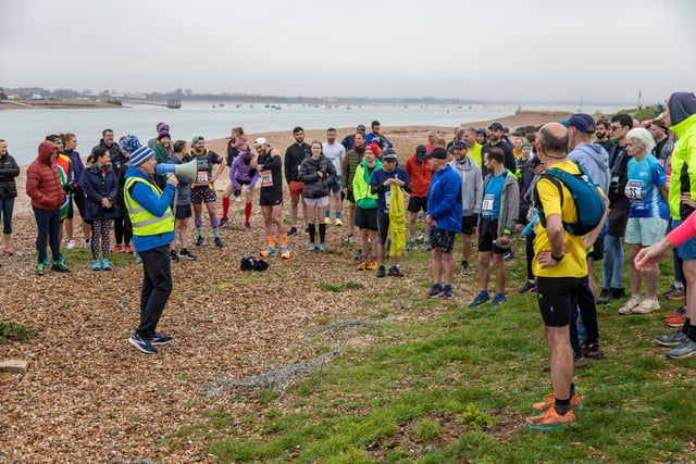 Event organiser Rob Piggott briefs the runners at the Langstone Harbour Half Marathon Picture: Mike Cooter (170224)