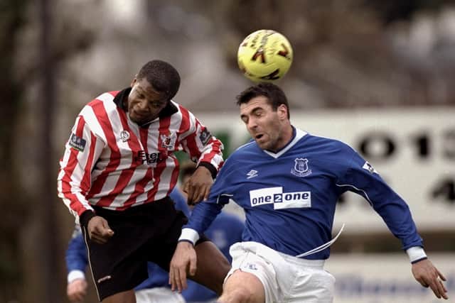 Jon Gittens, left, in FA Cup action for Exeter against Everton in 1999. Picture: Alex Livesey /Allsport.